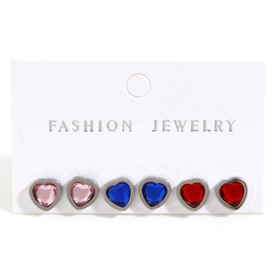 Picture of 1 Set ( 3 Pairs/Set) 304 Stainless Steel Stylish Ear Post Stud Earrings Set Silver Tone Heart Multicolor Rhinestone 8mm x 8mm, Post/ Wire Size: 0.8mm
