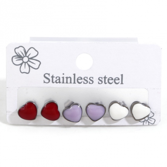 Picture of 1 Set ( 3 Pairs/Set) 304 Stainless Steel Stylish Ear Post Stud Earrings Set Silver Tone Multicolor Heart Enamel 7mm x 7mm, Post/ Wire Size: 0.8mm