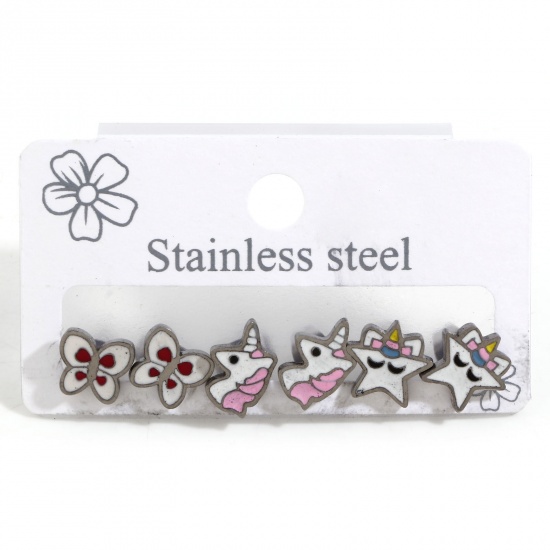 Picture of 1 Set ( 3 Pairs/Set) 304 Stainless Steel Stylish Ear Post Stud Earrings Set Silver Tone Multicolor Horse Animal Butterfly Enamel Post/ Wire Size: 0.8mm
