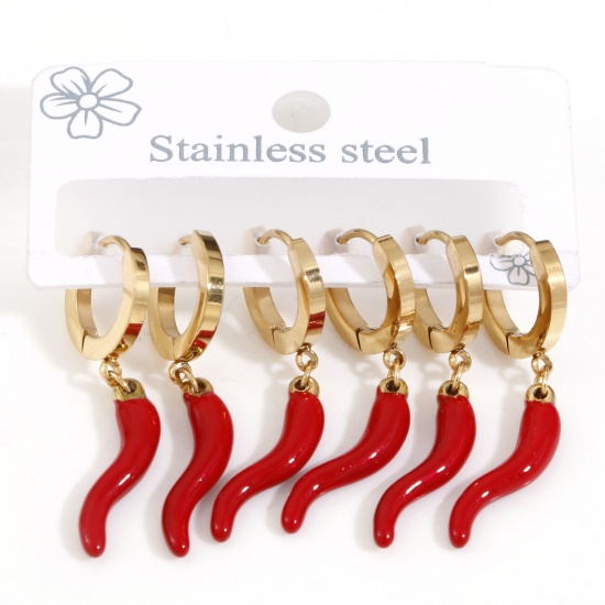 Picture of 1 Set ( 3 Pairs/Set) 304 Stainless Steel Stylish Hoop Earrings Gold Plated Red Chili Enamel 3.7cm, Post/ Wire Size: 0.9mm