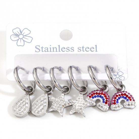 Picture of 1 Set ( 3 Pairs/Set) 304 Stainless Steel Stylish Hoop Earrings Silver Tone Pentagram Star Rainbow Multicolor Rhinestone Post/ Wire Size: 0.9mm