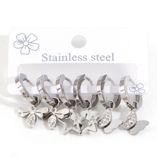 Picture of 1 Set ( 3 Pairs/Set) 304 Stainless Steel Stylish Hoop Earrings Silver Tone Butterfly Animal Dragonfly Clear Rhinestone Post/ Wire Size: 0.9mm
