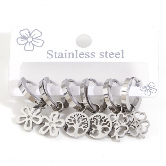 Picture of 1 Set ( 3 Pairs/Set) 304 Stainless Steel Stylish Hoop Earrings Silver Tone Flower Four Leaf Clover Hollow Post/ Wire Size: 0.9mm