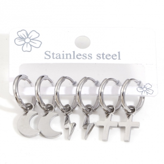 Picture of 1 Set ( 3 Pairs/Set) 304 Stainless Steel Stylish Hoop Earrings Silver Tone Half Moon Lightning Post/ Wire Size: 0.9mm