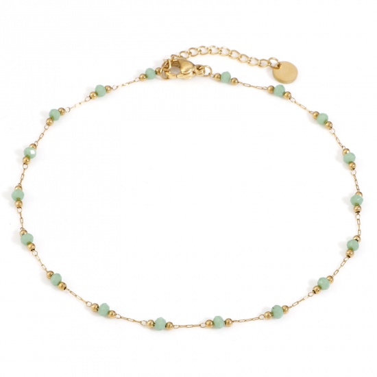 Picture of 1 Piece Stainless Steel & Glass Handmade Link Chain Beaded Anklet Gold Plated Green 25cm(9 7/8") long