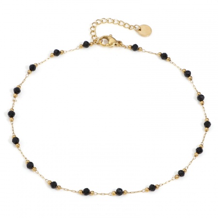 Bild von Großhandel Schwarz Edelstahl & Glas Handgefertigte Gliederkette Perlen Fußkettchen, Vergoldet Frauen Stilvoll Geschenk Schmuckbedarf, 25cm lang, 1 Strang