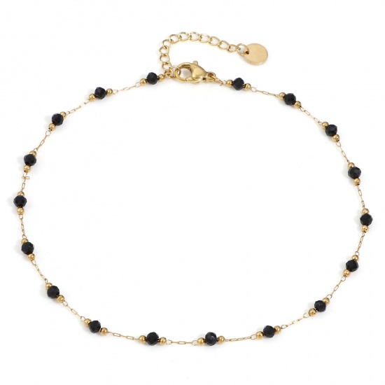 Picture of 1 Piece Stainless Steel & Glass Handmade Link Chain Beaded Anklet Gold Plated Black 25cm(9 7/8") long