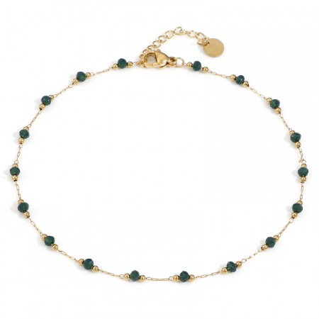 Bild von Großhandel Dunkelgrün Edelstahl & Glas Handgefertigte Gliederkette Perlen Fußkettchen, Vergoldet Frauen Stilvoll Geschenk Schmuckbedarf, 25cm lang, 1 Strang