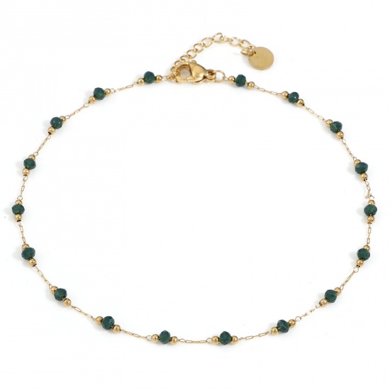 Picture of 1 Piece Stainless Steel & Glass Handmade Link Chain Beaded Anklet Gold Plated Dark Green 25cm(9 7/8") long