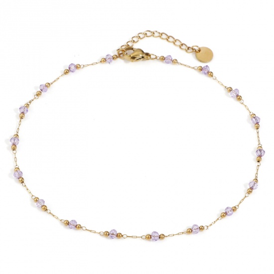 Picture of 1 Piece Stainless Steel & Glass Handmade Link Chain Beaded Anklet Gold Plated Mauve 25cm(9 7/8") long