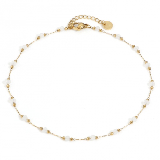 Picture of 1 Piece Stainless Steel & Glass Handmade Link Chain Beaded Anklet Gold Plated White 25cm(9 7/8") long