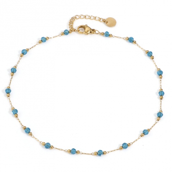 Picture of 1 Piece Stainless Steel & Glass Handmade Link Chain Beaded Anklet Gold Plated Blue 25cm(9 7/8") long