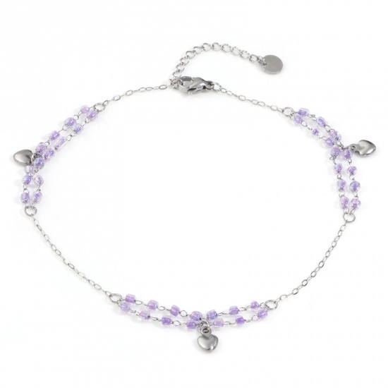 Immagine di 1 Pz Acciaio Inossidabile + Vetro Doppio Strato Catena a Maglia Fatta a Mano Cavigliera in Rilievo Tono Argento Colore Viola Cuore 25cm lunghezza