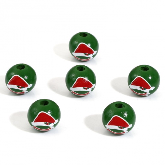 Picture of Wood Spacer Beads For DIY Charm Jewelry Making Round Green Christmas Hats About 16mm Dia., Hole: Approx 3.6mm, 20 PCs