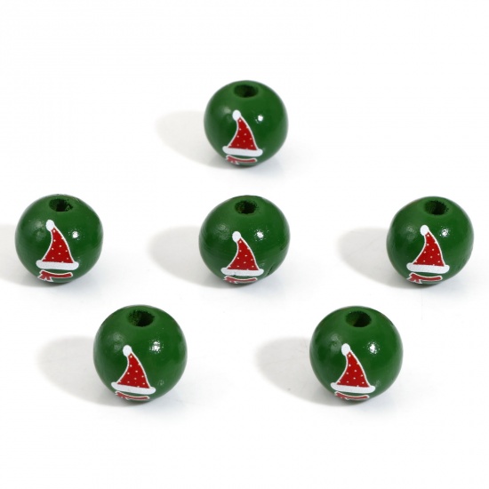 Picture of Wood Spacer Beads For DIY Jewelry Making Round Green Christmas Hats About 16mm Dia., Hole: Approx 3.6mm, 20 PCs