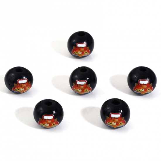 Picture of Wood Spacer Beads For DIY Charm Jewelry Making Round Black Halloween Pumpkin About 16mm Dia., Hole: Approx 3.6mm, 20 PCs