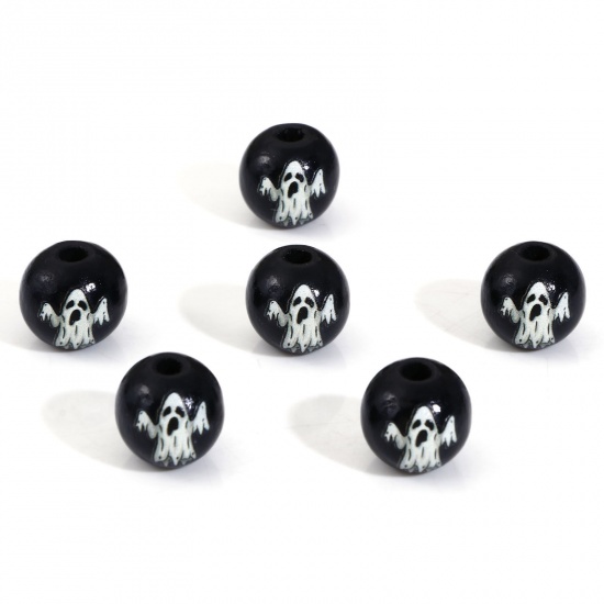 Picture of Wood Spacer Beads For DIY Charm Jewelry Making Round Black Halloween Ghost About 16mm Dia., Hole: Approx 3.6mm, 20 PCs
