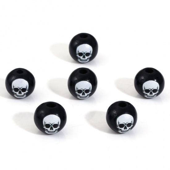 Picture of Wood Spacer Beads For DIY Charm Jewelry Making Round Black Halloween Skeleton Skull About 16mm Dia., Hole: Approx 3.6mm, 20 PCs