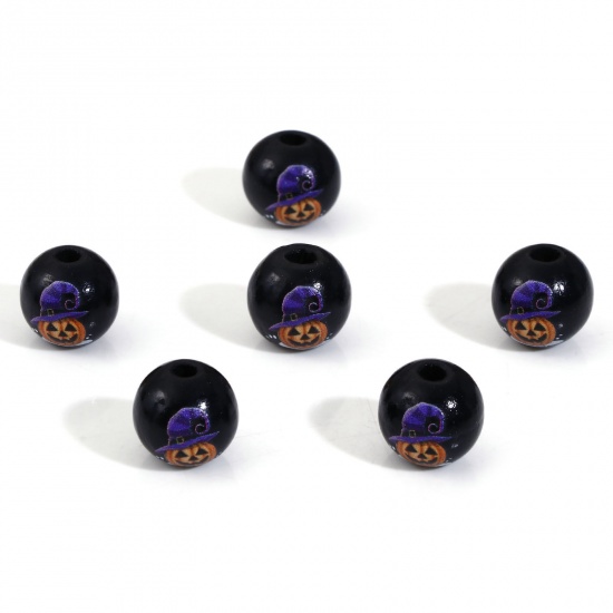 Picture of Wood Spacer Beads For DIY Charm Jewelry Making Round Black Halloween Pumpkin About 16mm Dia., Hole: Approx 3.6mm, 20 PCs