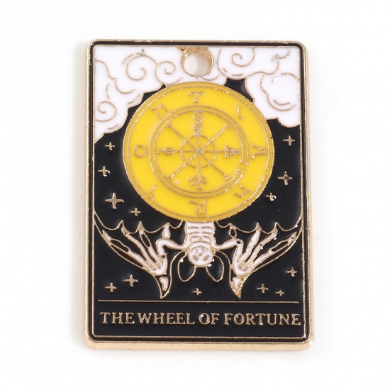 亜鉛合金 タロット チャーム 金メッキ 多色 長方形 雲彫刻 文字「 THE WHEEL OF FORTUNE」 エナメル 28mm x 19mm、 5 個 の画像