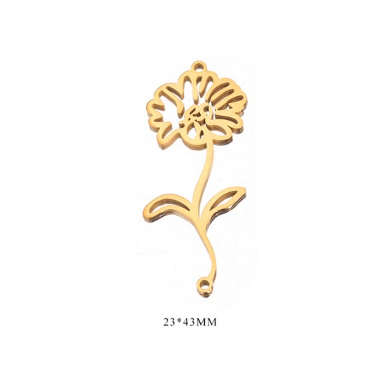 Picture of 2 PCs 304 Stainless Steel Birth Month Flower Connectors Charms Pendants 18K Gold Plated April 23mm x 43mm