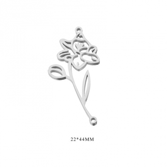 Picture of 304 Stainless Steel Birth Month Flower Connectors Charms Pendants Silver Tone December 22mm x 44mm, 2 PCs