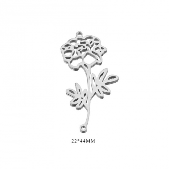 Picture of 304 Stainless Steel Birth Month Flower Connectors Charms Pendants Silver Tone October 22mm x 44mm, 2 PCs