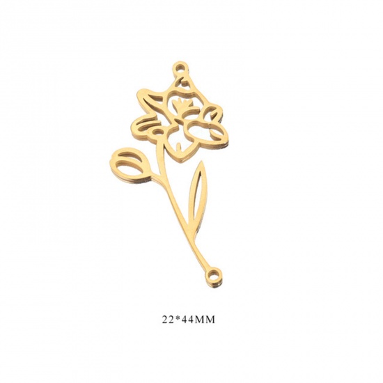 Picture of 2 PCs 304 Stainless Steel Birth Month Flower Connectors Charms Pendants 18K Gold Color December 22mm x 44mm