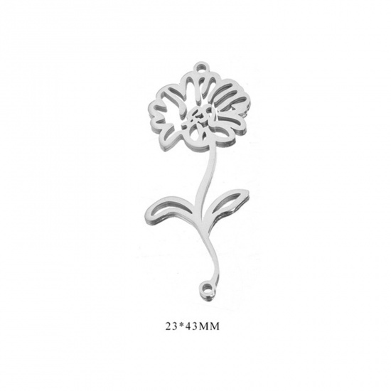 Picture of 304 Stainless Steel Birth Month Flower Connectors Charms Pendants Silver Tone April 23mm x 43mm, 2 PCs
