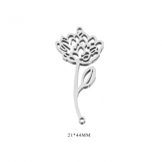 Picture of 304 Stainless Steel Birth Month Flower Connectors Charms Pendants Silver Tone July 21mm x 44mm, 2 PCs