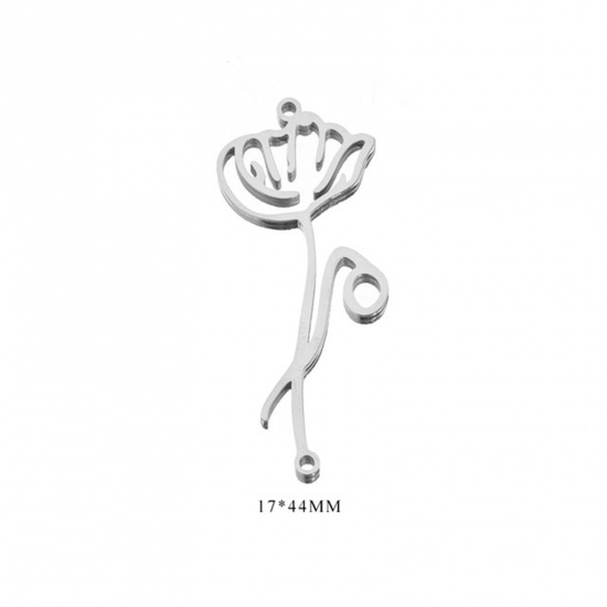 Picture of 304 Stainless Steel Birth Month Flower Connectors Charms Pendants Silver Tone August 17mm x 44mm, 2 PCs