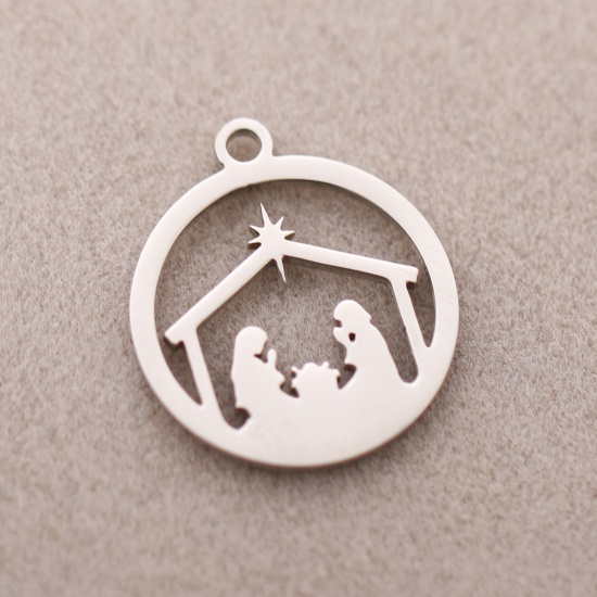 Picture of 304 Stainless Steel Christmas Charms Silver Tone Round 15mm x 17mm, 3 PCs