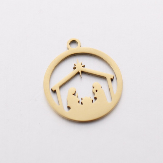 Picture of 304 Stainless Steel Christmas Charms Gold Plated Round 15mm x 17mm, 3 PCs