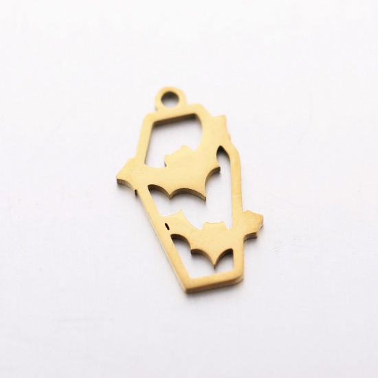 Picture of 304 Stainless Steel Charms Gold Plated Halloween Bat Animal Halloween Tombstone 11mm x 19mm, 3 PCs