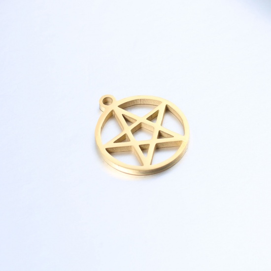 Picture of 304 Stainless Steel Charms Gold Plated Round Pentagram Star 15mm x 17mm, 3 PCs