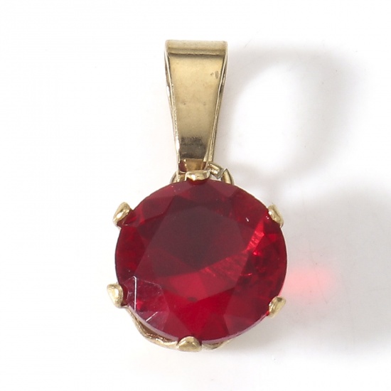 Immagine di 2 Pz Placcatura Sottovuoto PVD Ecologica 304 Acciaio Inossidabile Ciondoli Pendenti Tondo Placcato Oro 18K Rosso Strass 17mm x 8mm