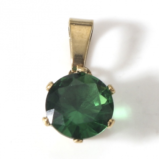 Immagine di 2 Pz Placcatura Sottovuoto PVD Ecologica 304 Acciaio Inossidabile Ciondoli Pendenti Tondo Placcato Oro 18K Verde Scuro Strass 17mm x 8mm