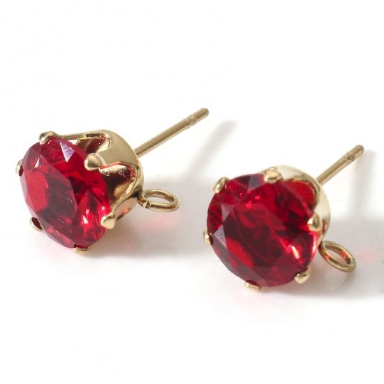 Picture of 2 PCs Eco-friendly PVD Vacuum Plating 304 Stainless Steel & Cubic Zirconia Ear Post Stud Earring With Loop Connector Accessories Round 18K Gold Plated Red 11mm x 8mm, Post/ Wire Size: (21 gauge)
