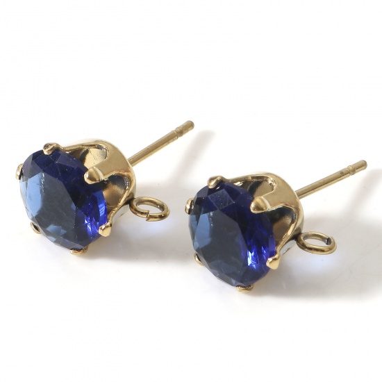 Picture of 2 PCs Eco-friendly PVD Vacuum Plating 304 Stainless Steel & Cubic Zirconia Ear Post Stud Earring With Loop Connector Accessories Round 18K Gold Plated Royal Blue 11mm x 8mm, Post/ Wire Size: (21 gauge)