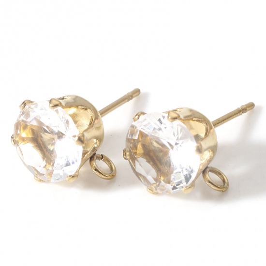Picture of 2 PCs Eco-friendly PVD Vacuum Plating 304 Stainless Steel & Cubic Zirconia Ear Post Stud Earring With Loop Connector Accessories Round 18K Gold Plated Transparent Clear 11mm x 8mm, Post/ Wire Size: (21 gauge)