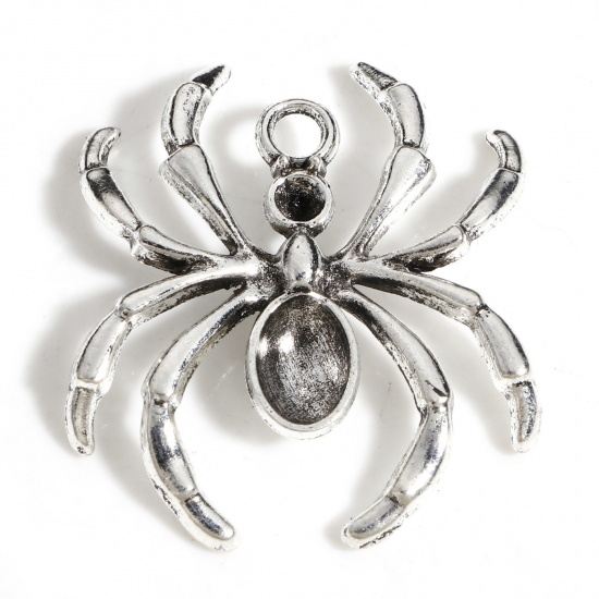 Picture of Zinc Based Alloy Halloween Charms Antique Silver Color Halloween Spider Animal (Can Hold ss9 8x5mm Pointed Back Rhinestone) 3.1cm x 2.8cm, 10 PCs