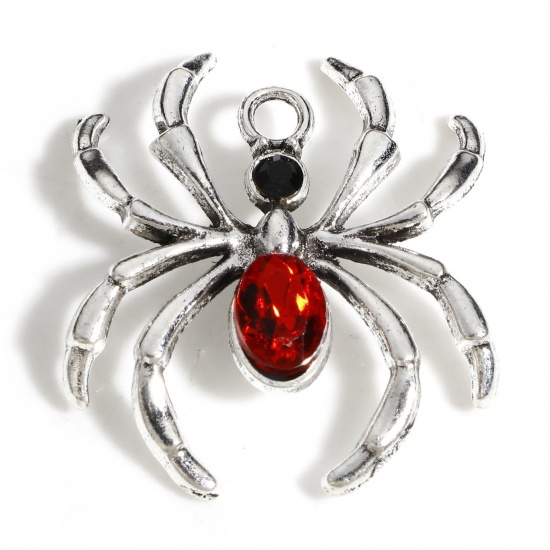 Picture of Zinc Based Alloy Halloween Charms Antique Silver Color Halloween Spider Animal Black & Red Rhinestone 3.1cm x 2.8cm, 10 PCs
