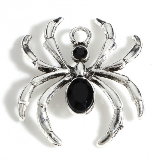 Picture of Zinc Based Alloy Halloween Charms Antique Silver Color Halloween Spider Animal Black Rhinestone 3.1cm x 2.8cm, 10 PCs