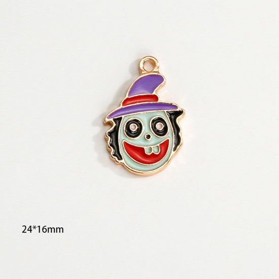 Picture of Zinc Based Alloy Halloween Charms KC Gold Plated Multicolor Halloween Witch Enamel 24mm x 17mm, 10 PCs