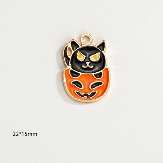 Picture of Zinc Based Alloy Halloween Charms KC Gold Plated Multicolor Cat Animal Halloween Pumpkin Enamel 22mm x 16mm, 10 PCs