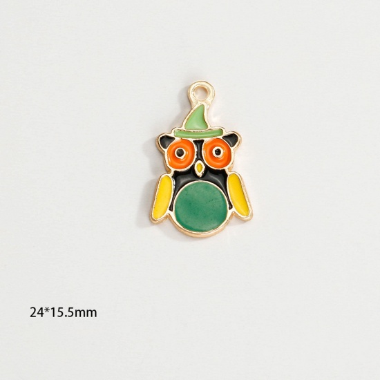 Picture of Zinc Based Alloy Halloween Charms KC Gold Plated Multicolor Owl Animal Enamel 24mm x 16mm, 10 PCs