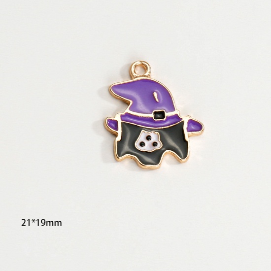 Picture of Zinc Based Alloy Halloween Charms KC Gold Plated Multicolor Halloween Witch Enamel 21.5mm x 19mm, 10 PCs