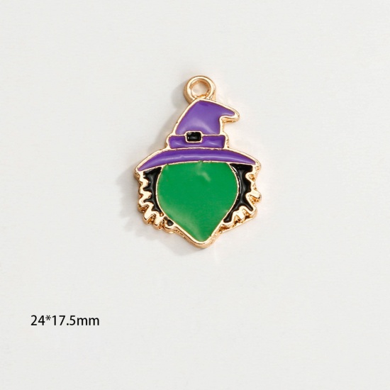 Picture of Zinc Based Alloy Halloween Charms KC Gold Plated Multicolor Halloween Witch Enamel 24mm x 17.5mm, 10 PCs