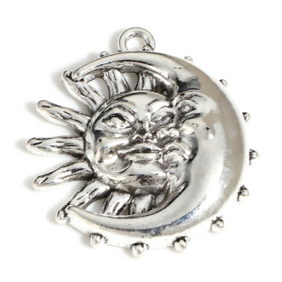 Picture of Zinc Based Alloy Galaxy Pendants Antique Silver Color Sun And Moon Face Hollow 3.2cm x 2.9cm, 20 PCs