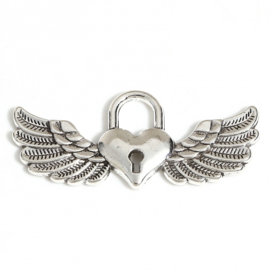 Picture of Zinc Based Alloy Valentine's Day Pendants Antique Silver Color Wing Lock 4.5cm x 2cm, 20 PCs